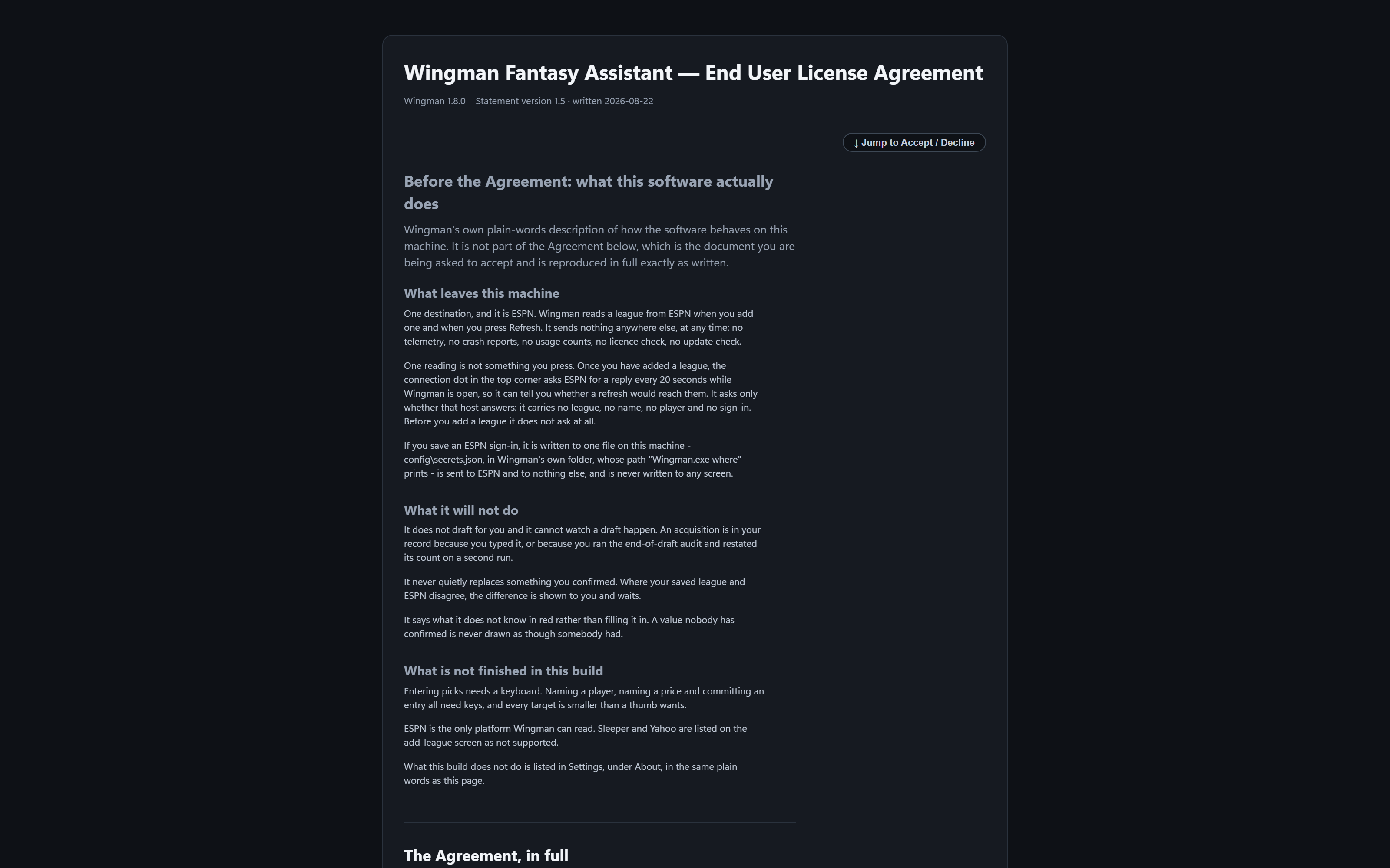 Wingman's first-run screen: a plain-words note about how the software behaves, followed by the full End User License Agreement and two buttons, I Agree and Continue, and Decline and Exit.