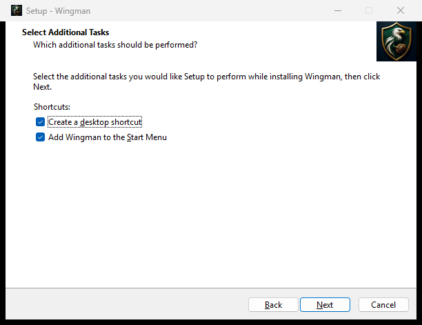 The Wingman Setup wizard, on the page headed Select Additional Tasks. Two checkboxes are shown, both ticked: create a desktop shortcut, and add Wingman to the Start Menu.