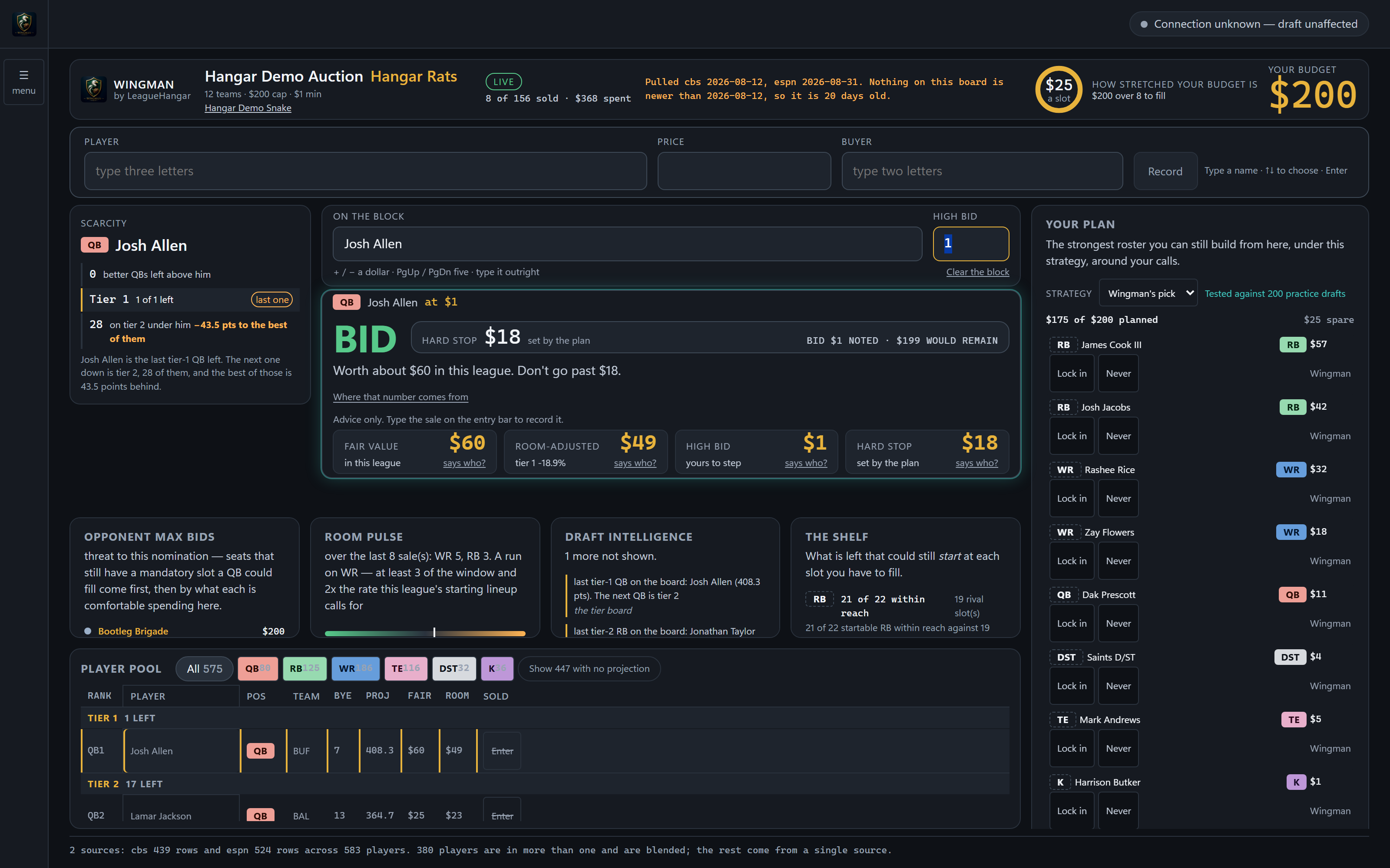 Wingman running on a desktop: the auction war room with a player up for bid, the verdict card giving one verb and a hard stop, and the rail carrying a plan with a target and a price for every remaining roster slot.