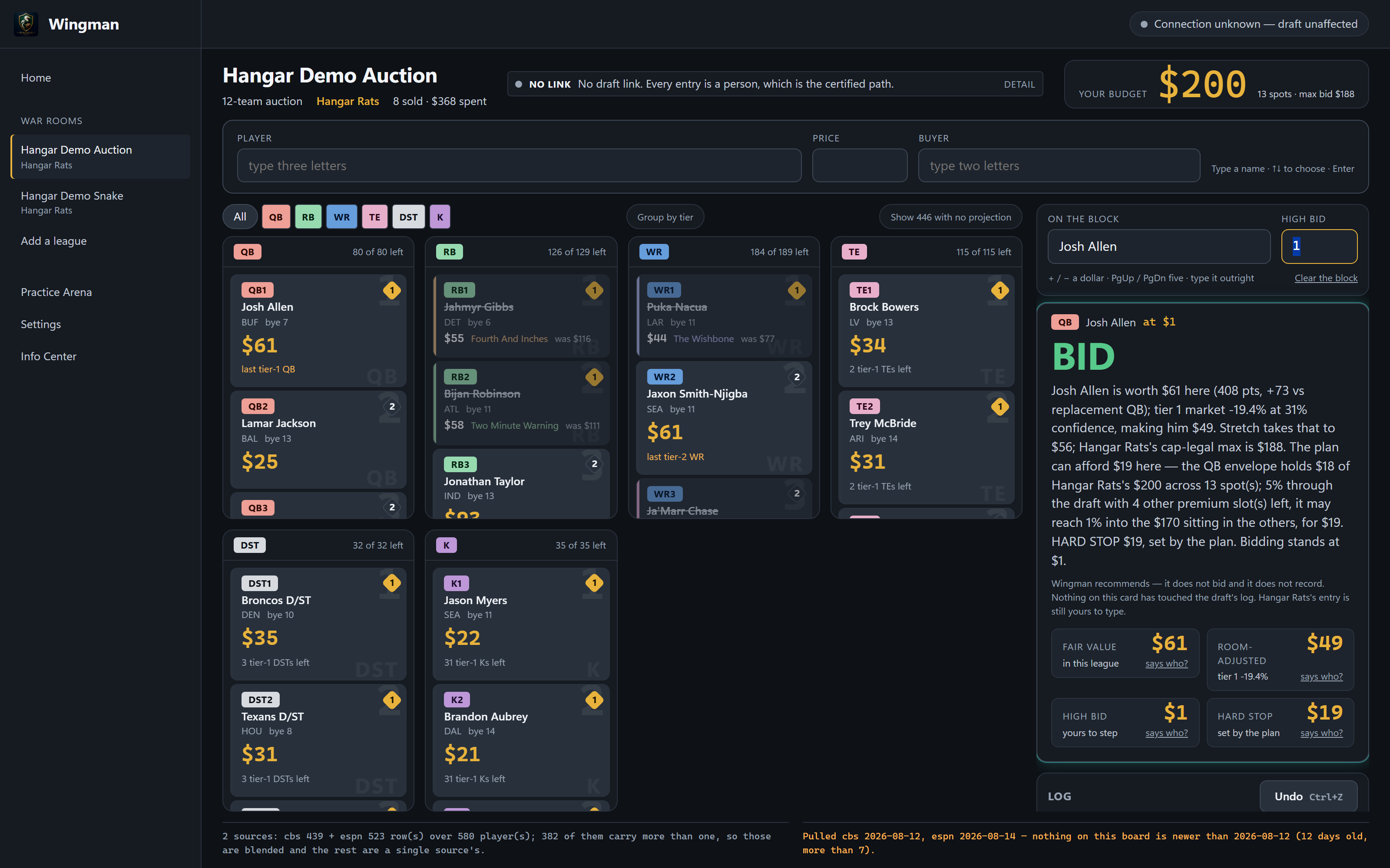 Wingman's auction war room. A player is up for bid and a card headed BID explains what he is worth in this league, what the roster plan can afford, and where the hard stop is.