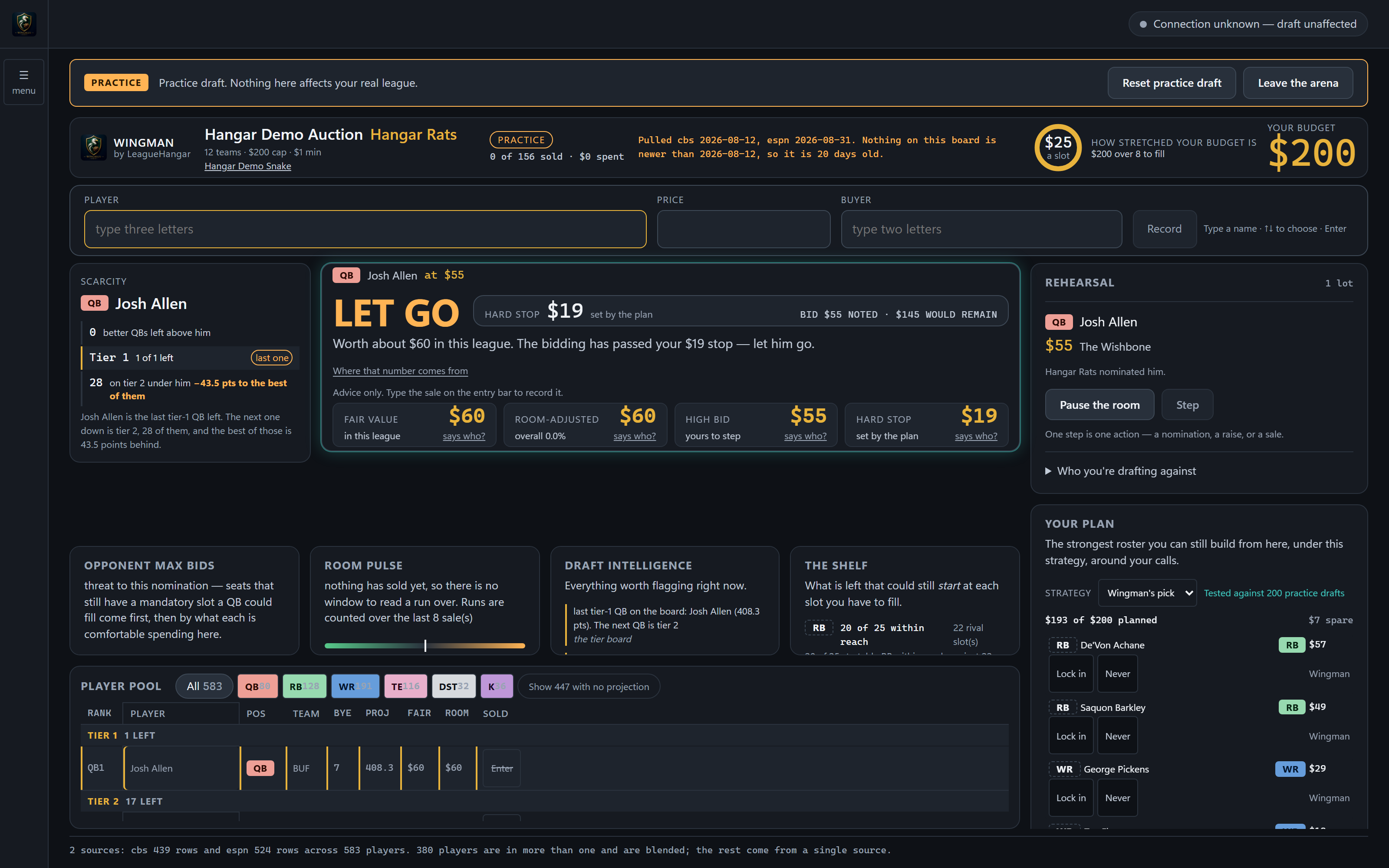Wingman's practice arena mid-draft. Every seat but yours is played by the software, a lot is up for bid, and the rotation stops when it reaches your chair.