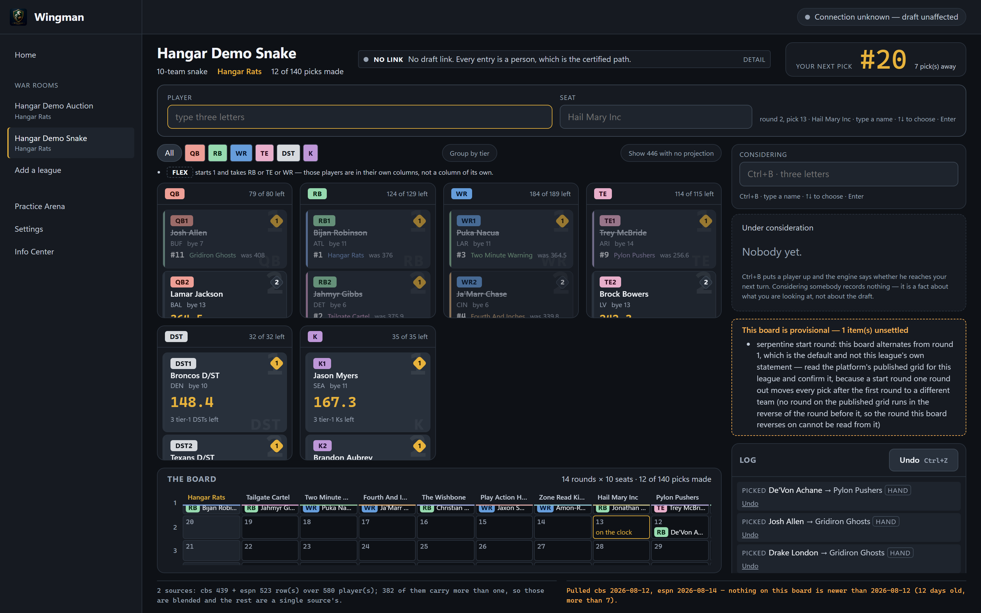 Wingman's snake war room: position columns of player cards, a serpentine draft grid showing twelve picks made, a running log of entries, and an amber panel saying the board is provisional because one item is unsettled.