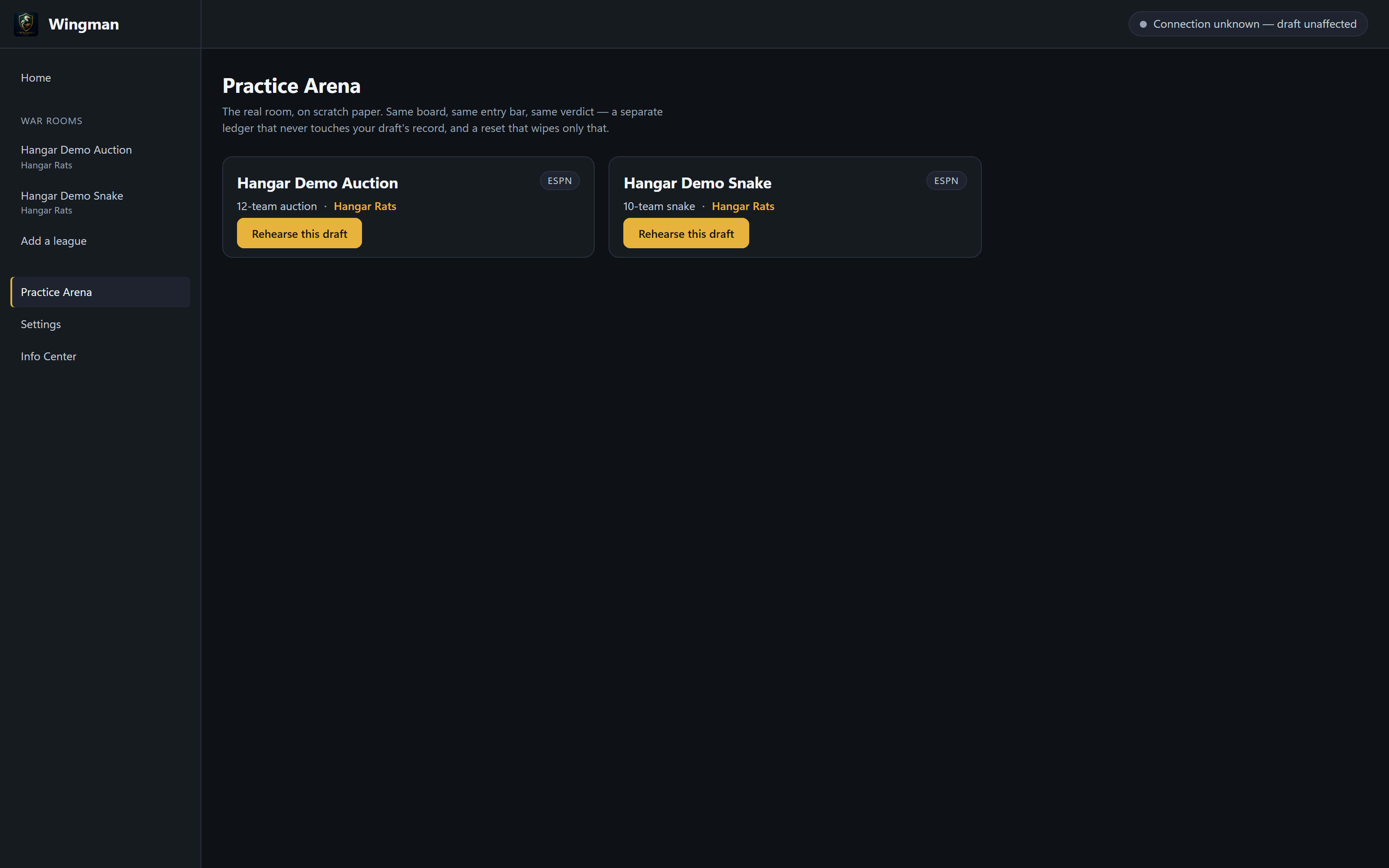 Wingman's Practice Arena: a list of leagues you can rehearse on, each offering a practice room that keeps its own separate draft log.