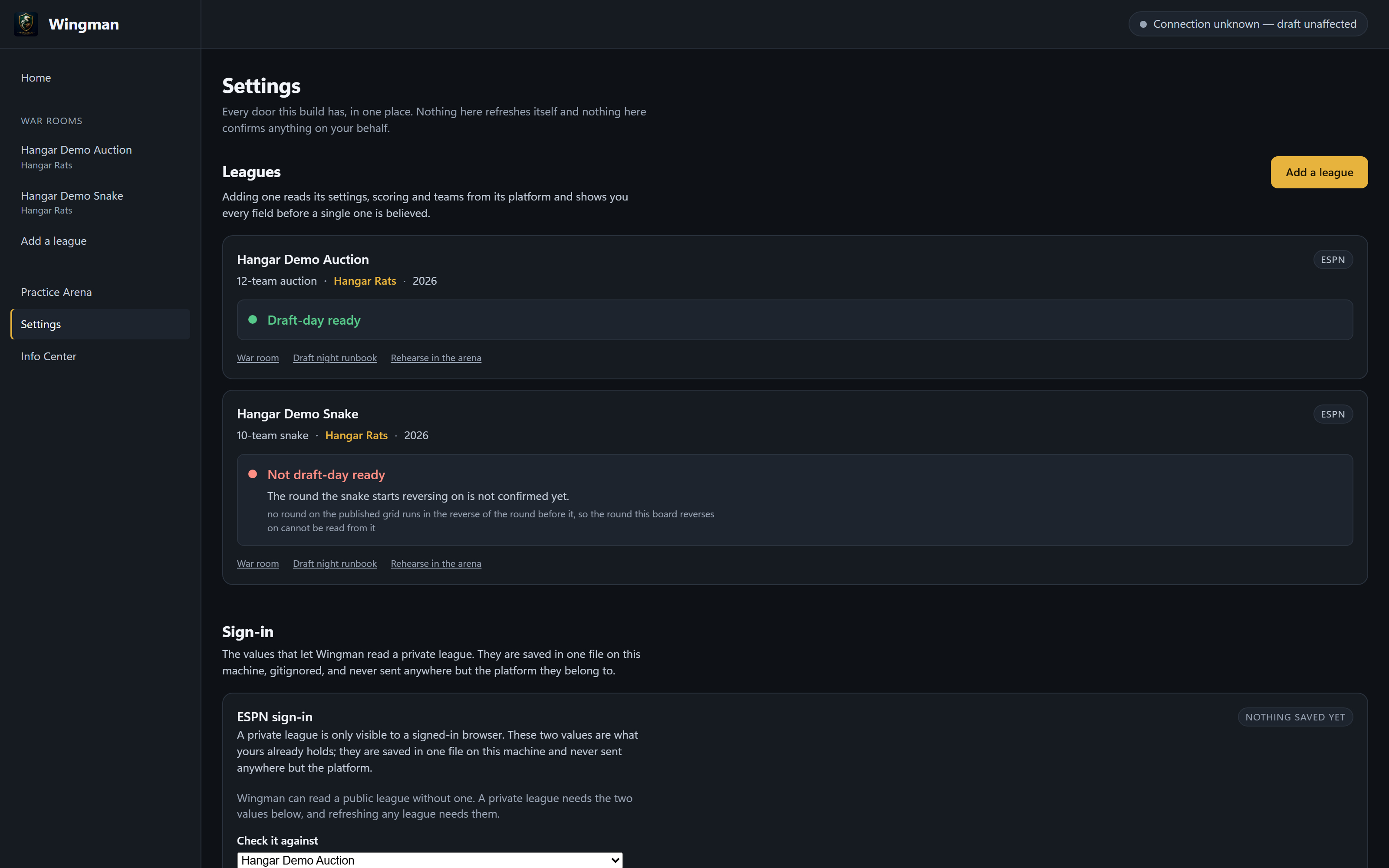 Wingman's Settings screen: a list of leagues each with a Draft Check verdict, and a sign-in panel explaining that ESPN credentials are saved in one file on this machine and never sent anywhere but the platform.